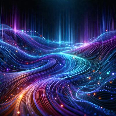 The primary subject of the image is a vibrant, colorful, and abstract swirl of light, resembling a neon or digital art. The setting is a dark background, which contrasts with the bright colors of the swirl. The visual style is a mix of digital art and illustration, creating a dynamic and eye-catching pattern. The colors and mood of the image are predominantly purple, blue, and orange, giving it a lively and energetic atmosphere.